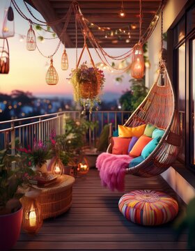 Ein Balkon mit H&auml;ngesessel, bunten Kissen, Lichterkette, Palettenm&ouml;beln und Boho-Details.