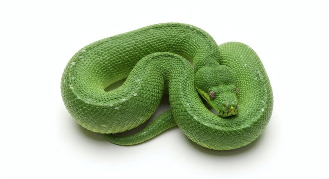 Green Tree Python Coiled on White Background Isolated