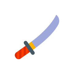 Illustration of a curved sword with a red handle a gray guard and a yellow accent on a white background
