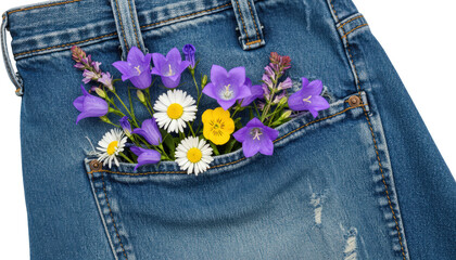 Wildflowers in Jeans Pocket Daisies Bellflowers Denim Background Spring