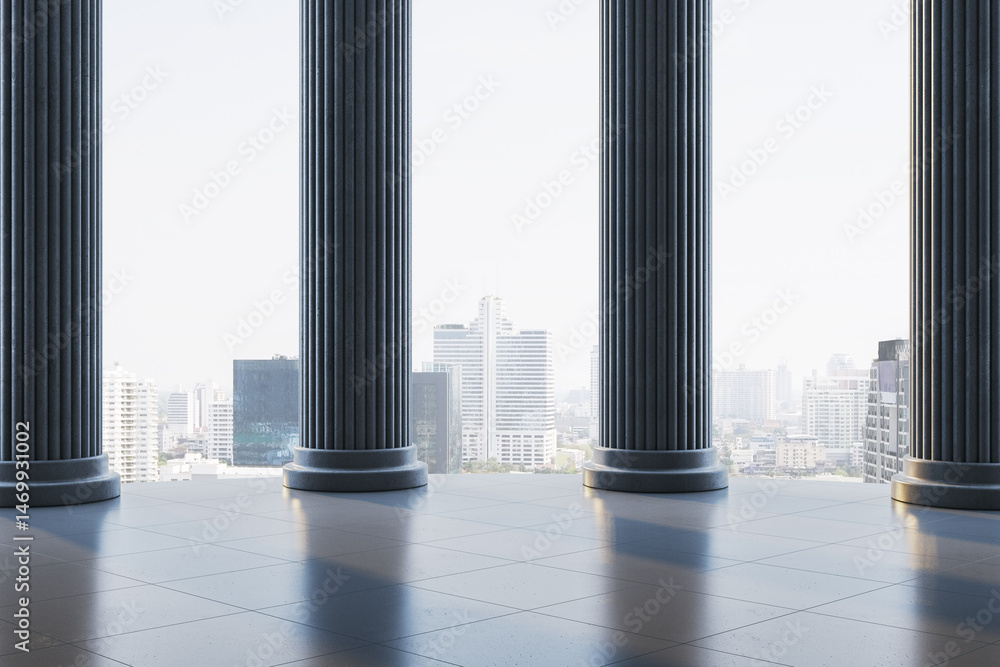 Poster Classical marble columns with city skyline in bright morning light, symbolizing stability and progress, elegant architectural background concept. 3D Rendering