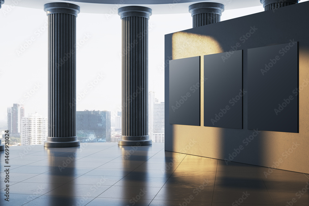 Poster Blank black poster mockups on concrete wall in modern hall with classical columns and city view in daylight environment. 3D Rendering