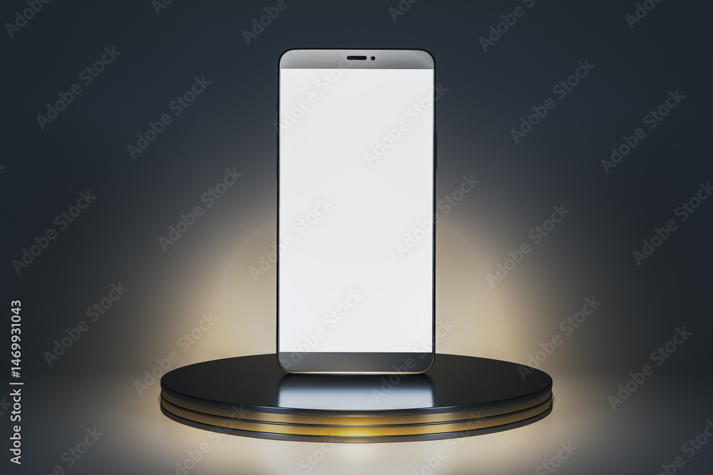 Poster Blank smartphone mockup standing on a round pedestal with glowing light background for design presentation or branding template display concept. 3D Rendering