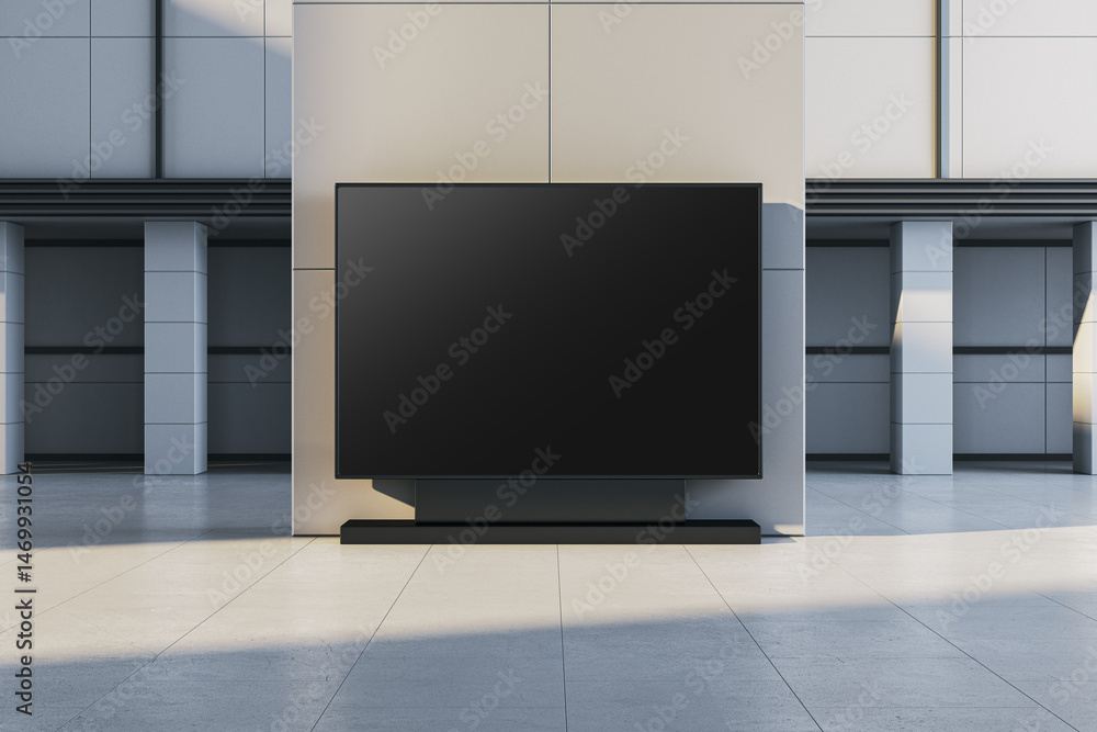 Poster blank digital screen mockup in modern spacious hall with clean minimalist interior, ideal for brandi