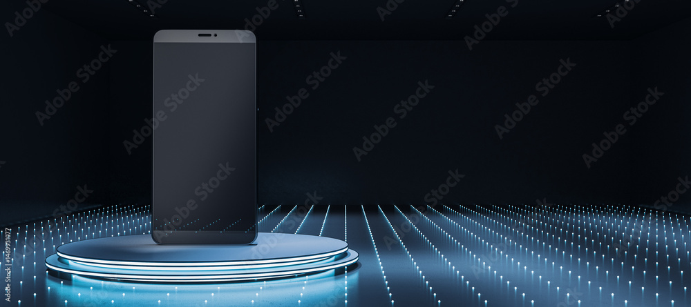 Poster smartphone mockup on futuristic round pedestal with glowing blue lights in dark digital space for pr