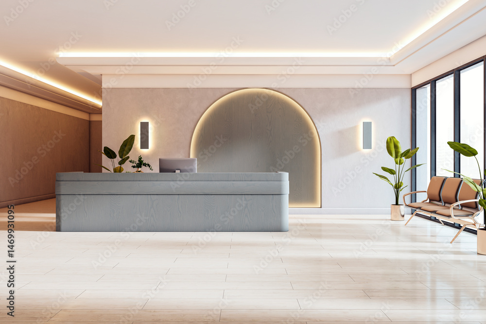 Poster modern reception area with backlit arch wall, clean desk, waiting chairs and city view through large