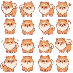 Naklejka premium Cute Pomeranian Puppy Illustrations Pixel Art