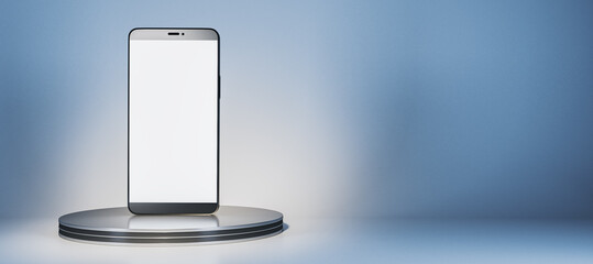 Smartphone mockup standing on round podium with blank screen and clean background for modern branding or digital app design presentation. 3D Rendering