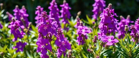 Fototapeta premium Vibrant purple flowers in full bloom, lush green foliage, natural sunlight, desktop background, vibrant