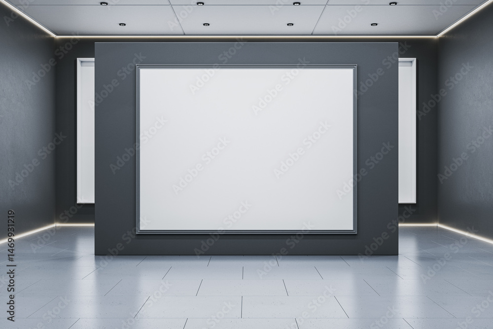 Poster blank horizontal frame mockup in modern minimalist gallery interior with dark walls, white ceiling, 