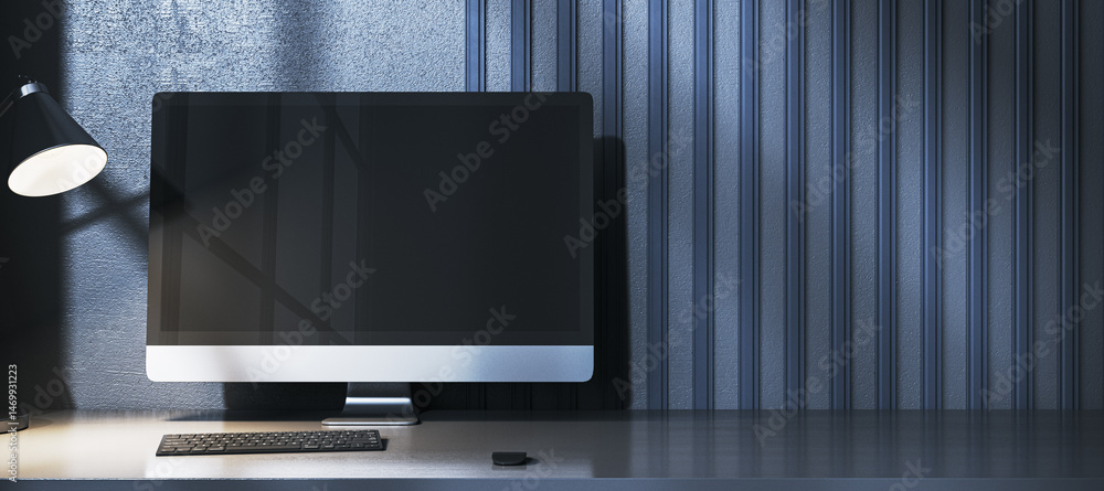 Poster Modern desktop computer with blank screen on minimalist desk against blue vertical textured wall background with soft daylight shadows. 3D Rendering