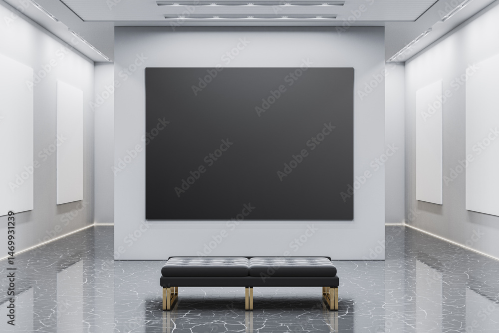 Poster black canvas wall mockup in modern gallery interior with marble floor, bench and blank design space 