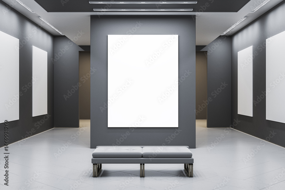 Poster modern art gallery interior with blank white posters on dark walls and bench in foreground for desig