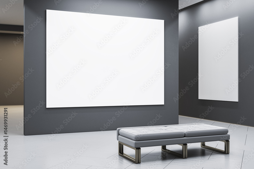 Poster blank canvas mockup on dark gallery wall with modern bench in clean exhibition space for artwork or 