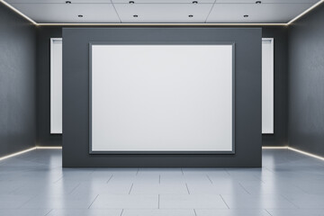 Blank horizontal frame mockup in modern minimalist gallery interior with dark walls, white ceiling, and spotlights for branding or design display. 3D Rendering