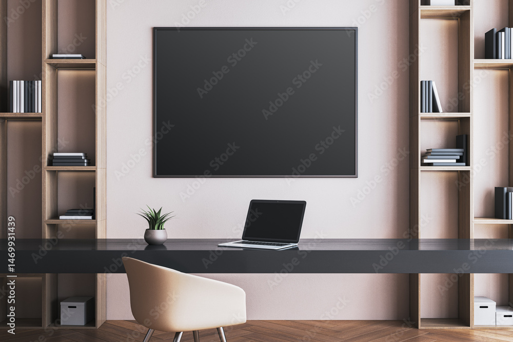 Poster modern workspace interior with blank blackboard mockup and laptop on desk in clean minimalist office