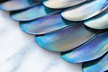 Close-up of iridescent blue scales, resembling feathers or scales of a mythical creature.
