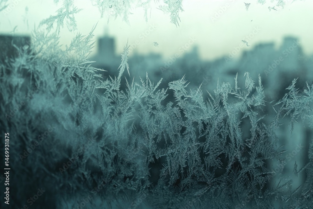 Poster intricate frost patterns adorn a window, blurring the cityscape beyond into a soft, ethereal backdro