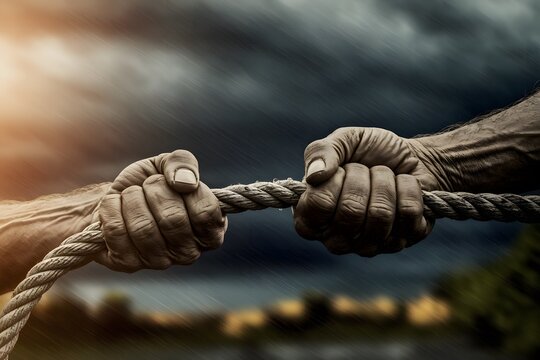 Hands gripping a rope, battling against a stormy sky, symbolizing struggle. Close up of two weathered hands tightly grasping a thick rope, pulling in opposite directions.
