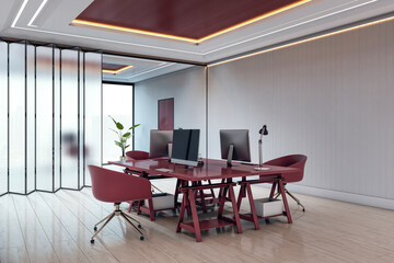 Modern office interior with red furniture, computers, and frosted glass partitions in clean workspace setting with bright background light. 3D Rendering
