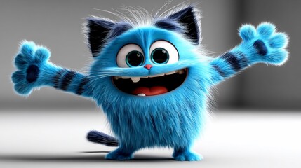 Obraz premium Blue, fluffy, animated character with big smile and outstretched arms