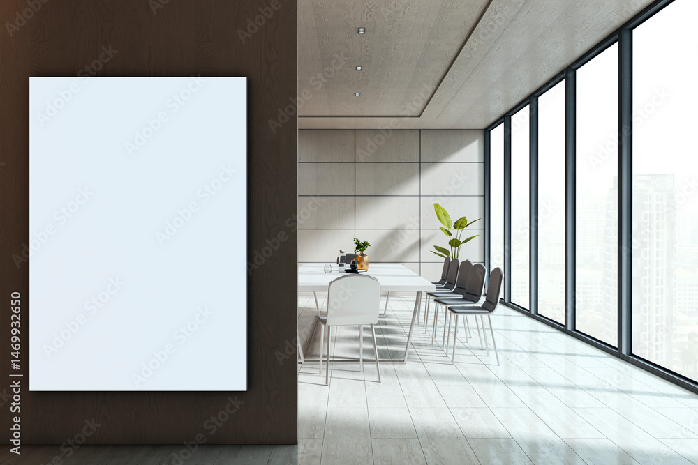 Aufkleber blank vertical poster mockup on dark wood wall in bright modern meeting room with large windows and 
