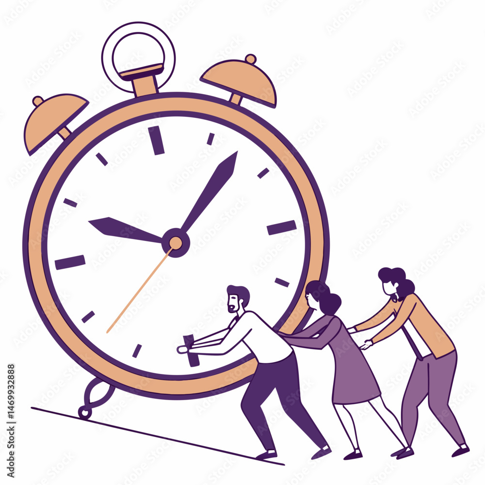 Poster team effort struggling to move giant clock representing time management concept