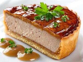 A delectable slice of creamy chicken liver pate tart with glossy glaze served on a white plate garnished with fresh parsley and sauce.