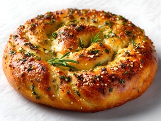 A delicious rosemary and garlic focaccia bread baked to golden perfection sits on a white linen background ready to be served.