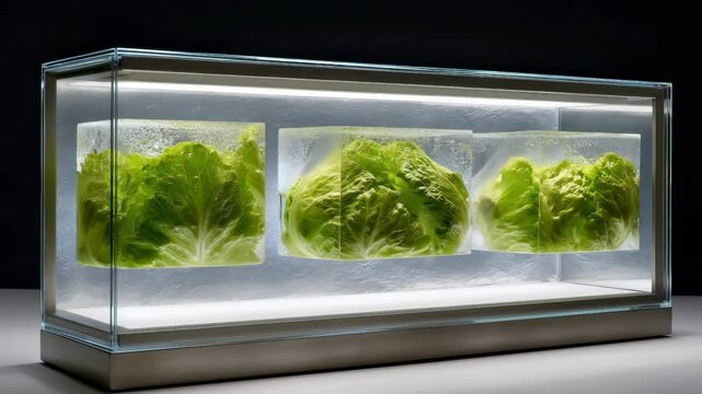 Lettuce heads frozen ice blocks displayed modern glass case with bright lighting for fresh produce preservation and cold storage