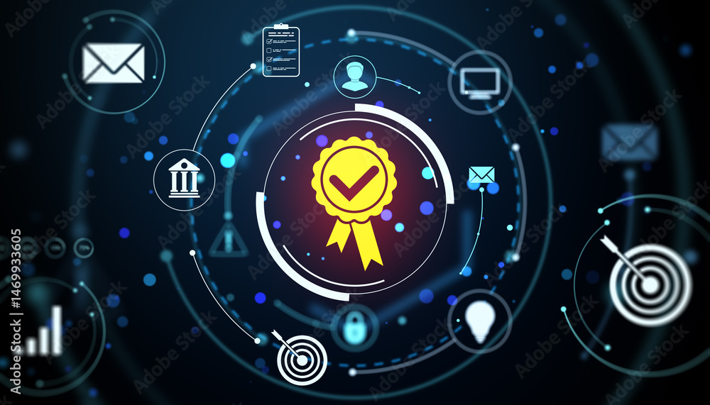 Poster Digital certification badge with glowing icons and technology elements on a dark abstract background with circular data graphics and light effects. 3D Rendering