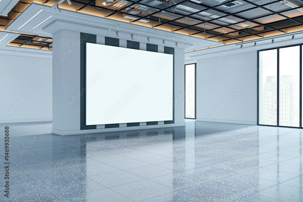 Aufkleber Empty modern gallery space with large blank wall mockup and reflective tiled floor for exhibition or branding display concept. 3D Rendering