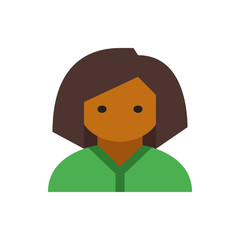 Illustration of a woman with brown hair, tan skin, and a green shirt, depicted in a flat, geometric style