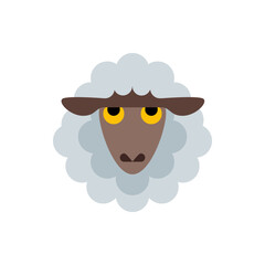 Illustration of a sheep's face with fluffy white wool, brown ears, and yellow eyes looking forward softly