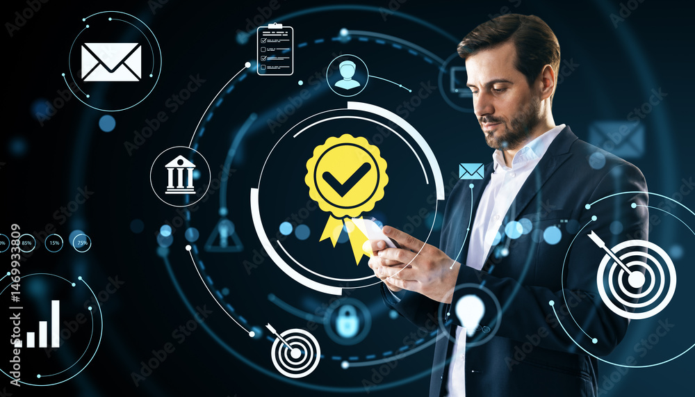 Poster Businessman using mobile device with certification icon and futuristic business interface on dark abstract light background concept.