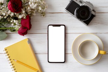 Phone with Rose and Camera on Table