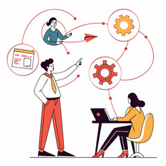 Business team collaboration and checklist task management illustration in hand drawn style