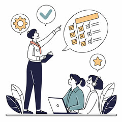 Business manager reviewing team members performance and assessing tasks