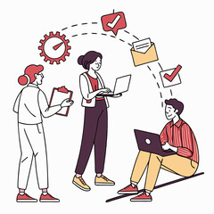 Team collaboration and productivity illustration with business professionals using technology