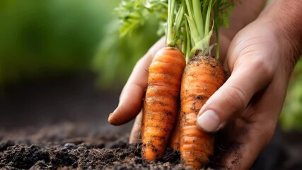 Fresh orange carrot vegetable with green leaves held by hand in soil garden showing natural healthy harvest produce - Powered by Adobe