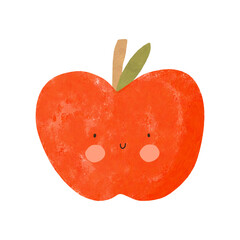 Cheerful Hand Drawn Red Apple On A White Background. Vector Illustation Of Childish Drawing-like Smiling Apple. Nursery Art With Kawaii Style Happy Fruit. Kids Room Decoration With Funny Fruit. 