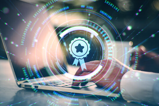 Businessman typing on laptop with digital certification badge and data stream overlay on modern office background, concept of online quality assurance.