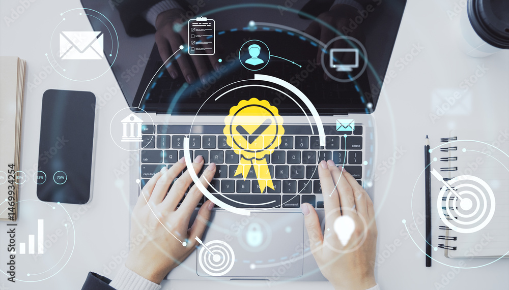 Poster business person typing on laptop with digital certification icon and technology interface on light b