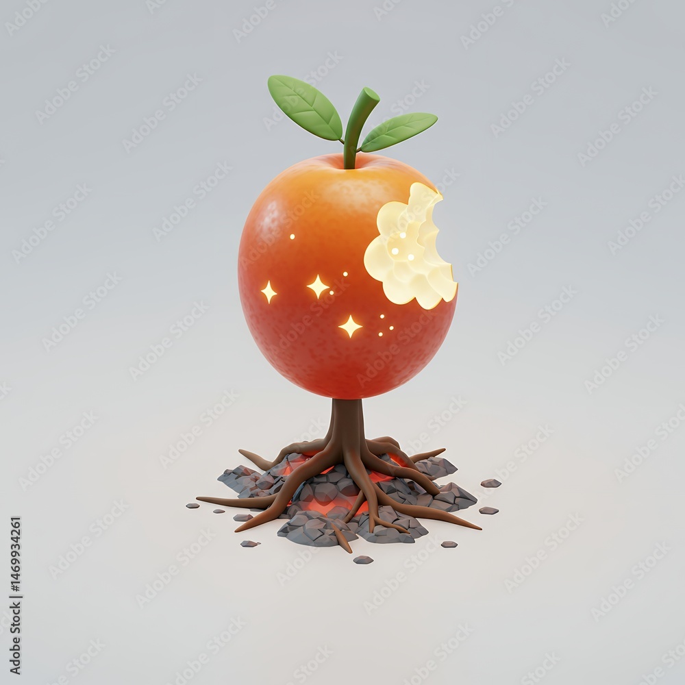 Aufkleber pixelated apple with bitten area displaying glowing core standing on roots and ash in a light gray b