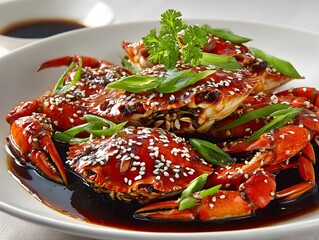 Delicious glazed crabs seasoned with sesame seeds and scallions served on a white plate with soy sauce.
