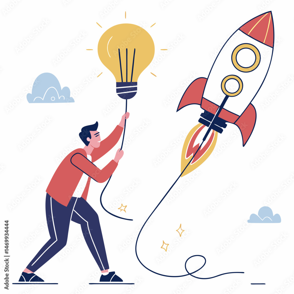 Poster man launching rocket with lightbulb idea concept for startup and innovation
