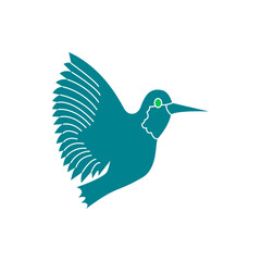 Illustration of a teal hummingbird with a green eye and white accents on a white background design art