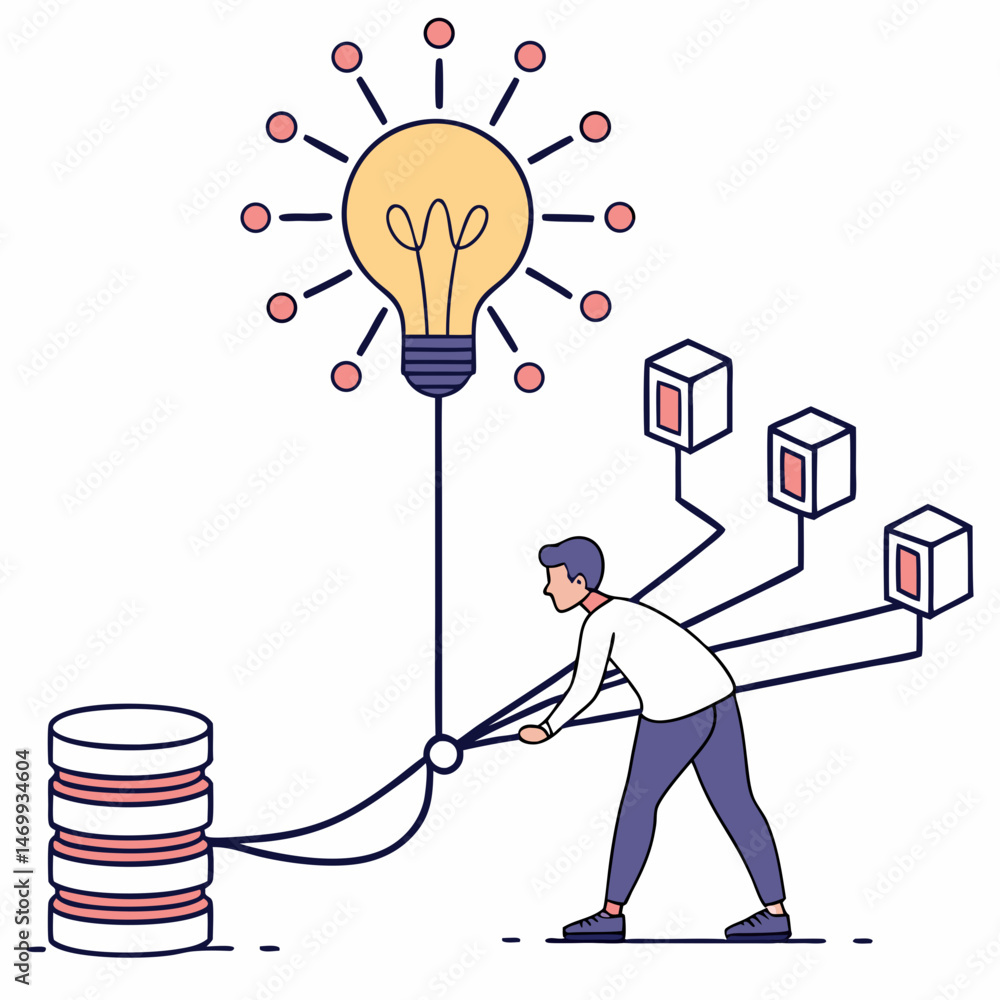 Poster man energizing idea by connecting to energy sources and lights a lightbulb