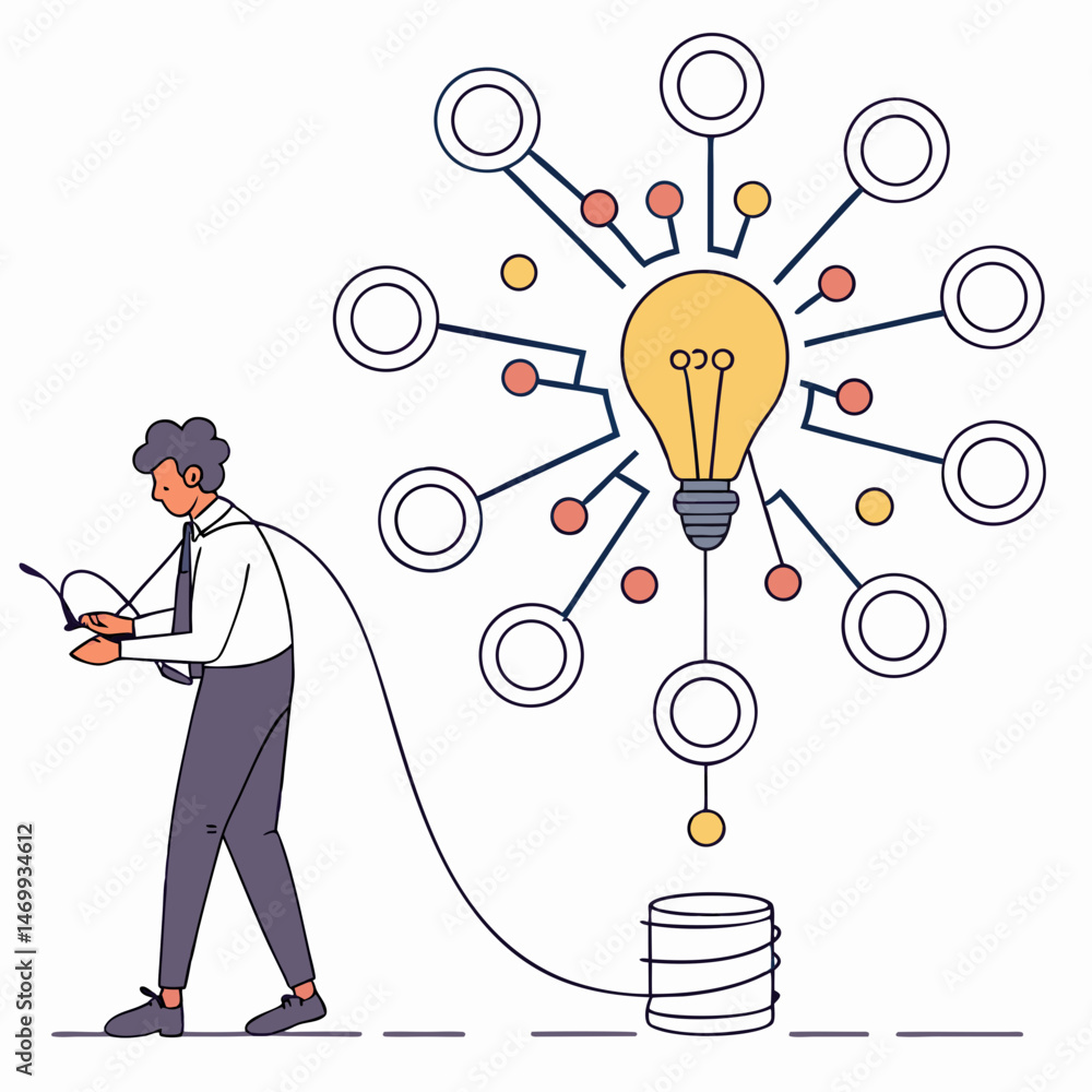 Poster businessman illuminating pathways with a lightbulb demonstrating solution and success