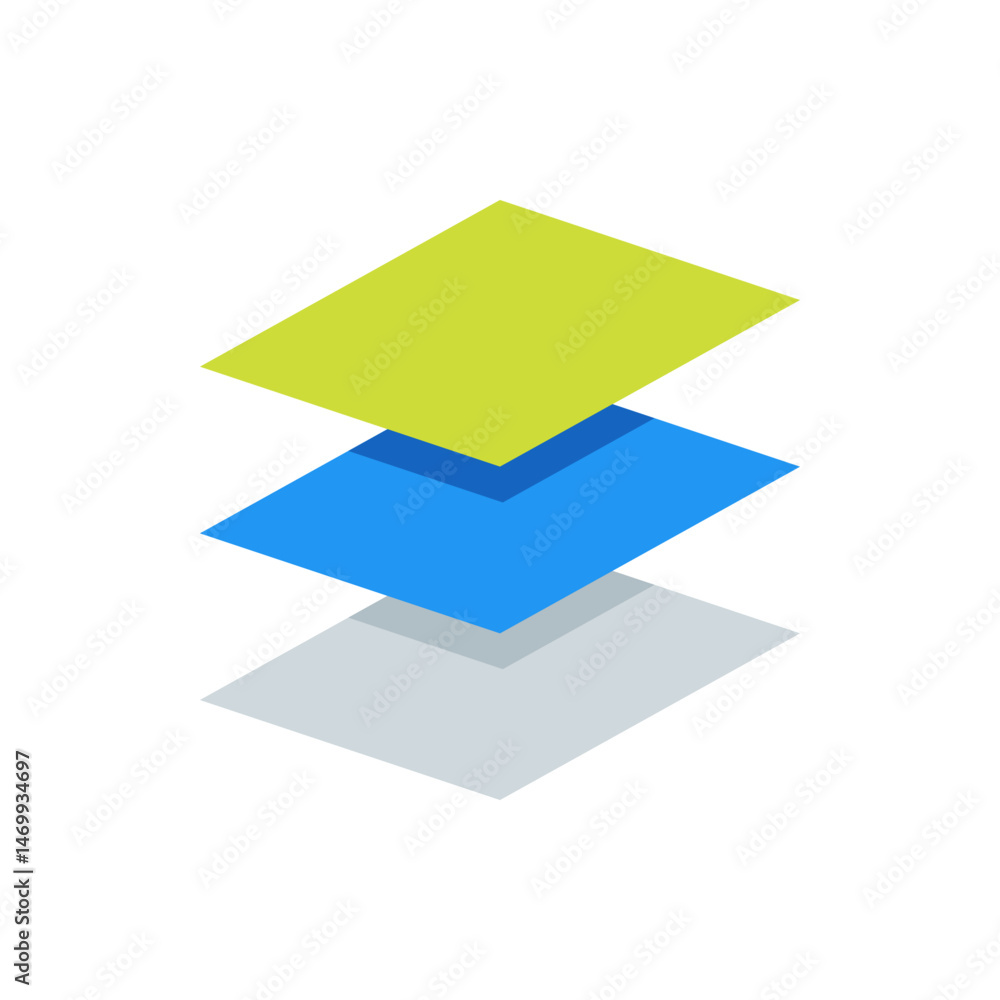 Poster illustration of three layered squares with a yellow top layer and blue middle layer on white backgro